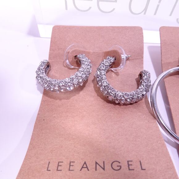 Neiman Marcus Lee Angel Chunky Crystal Pave Rings Hoop Earrings NWT 98 Ea Set 2 - Picture 2 of 5